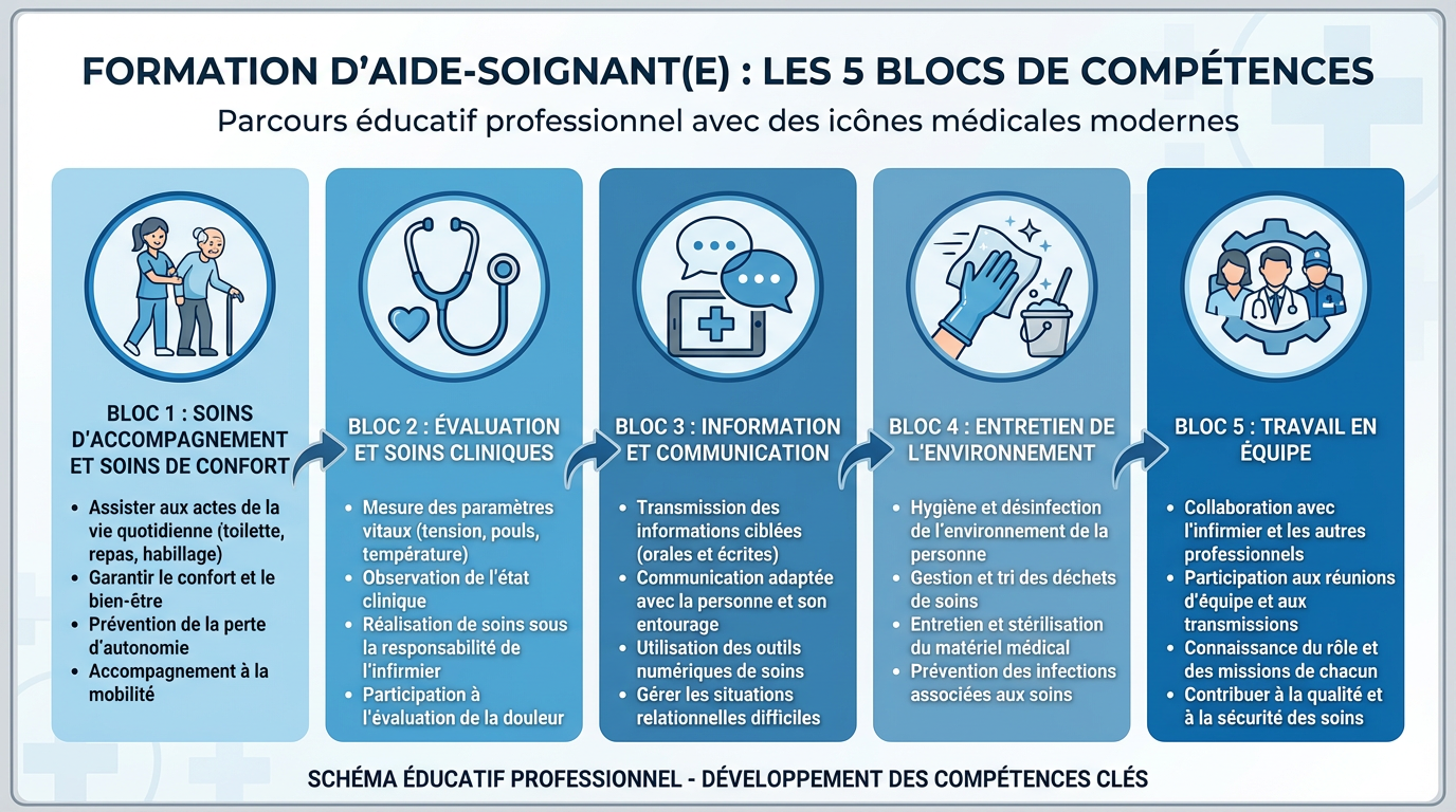 Les 5 blocs de compétences de la formation Aide-Soignant : accompagnement, évaluation, communication, environnement, travail en équipe