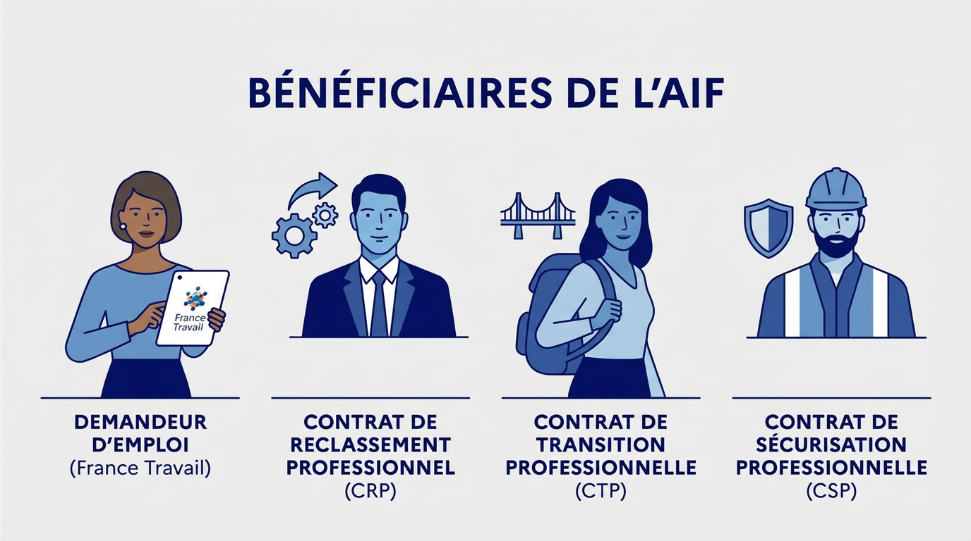 Illustration des bénéficiaires de l’AIF : demandeurs d’emploi, CRP, CTP, CSP