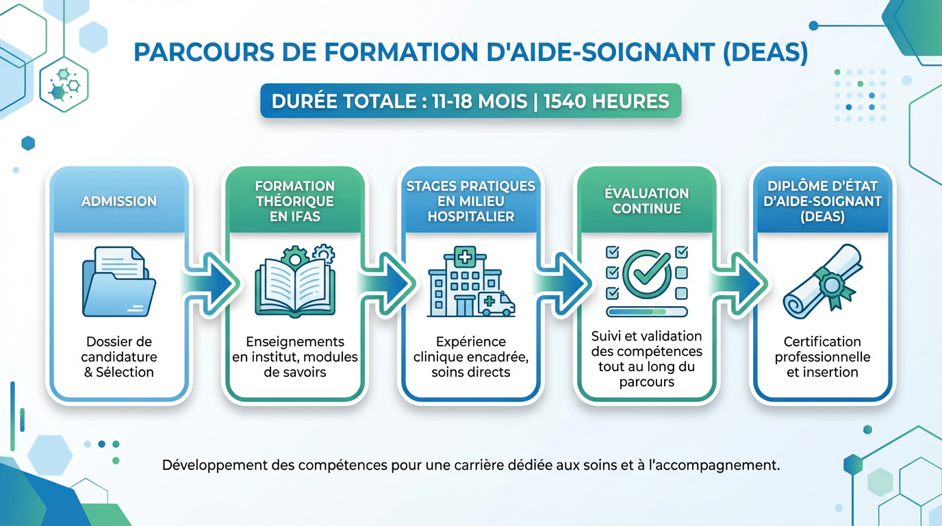 Parcours complet de formation Aide-Soignant : admission, théorie, stages, évaluation, diplôme
