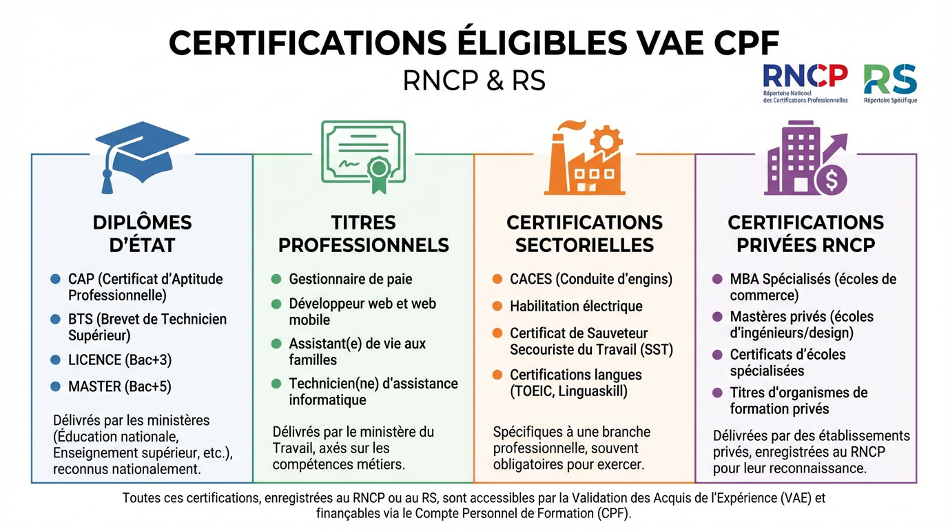 Certifications éligibles VAE CPF : diplômes d’État, titres professionnels, certifications sectorielles et certifications privées RNCP