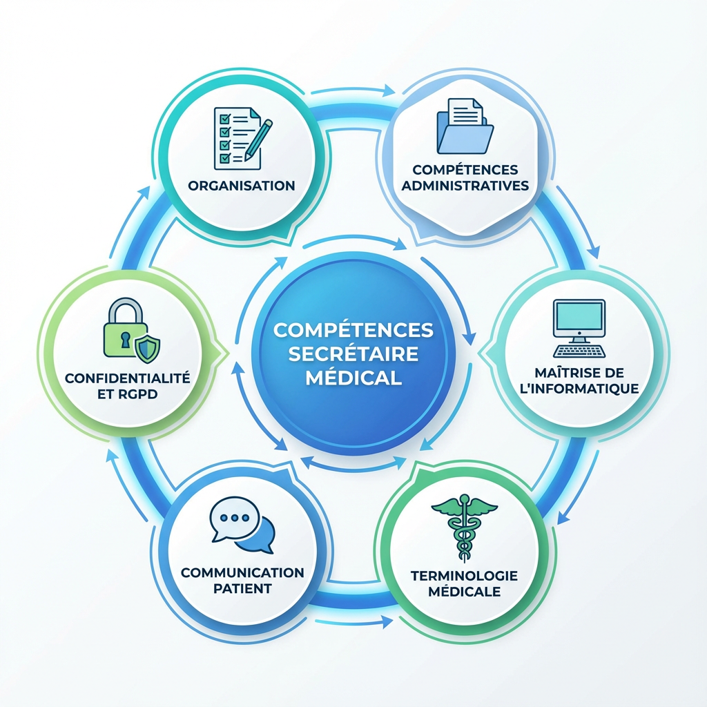 Compétences clés du secrétaire médical : organisation, informatique, communication, terminologie médicale, RGPD